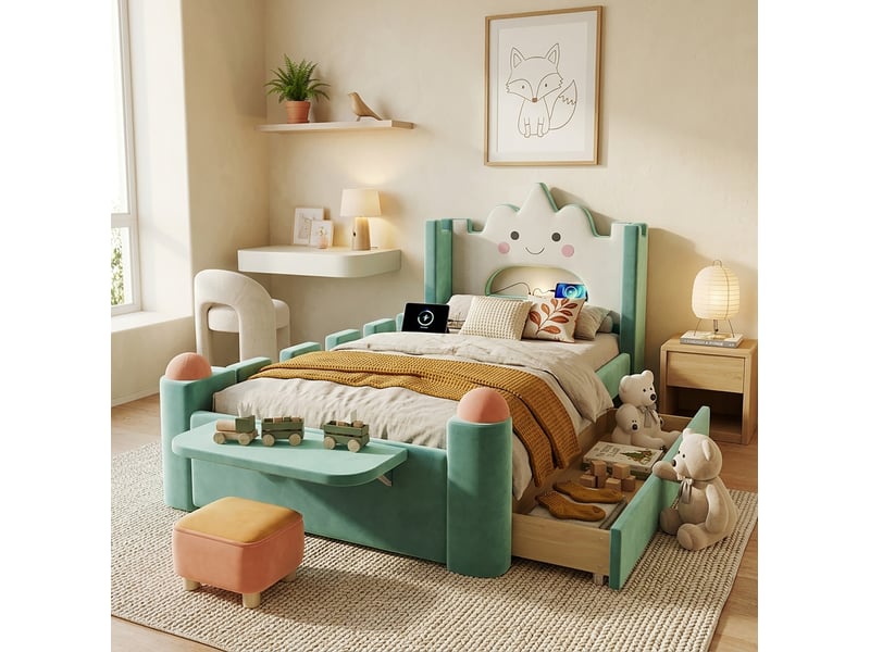  Lit enfant, 90x200 cm, led usb et tiroir, chambre, solution pratique, matelas non inclus, bois, coloris bleu et vert  - Conforama D