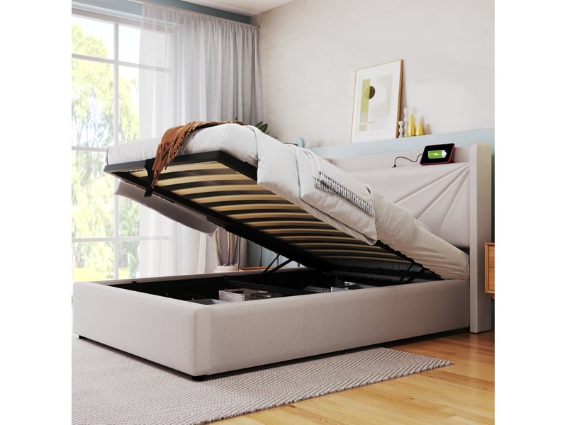  Lit coffre 1 place 90 x 200 cm beige avec tête de lit et ports usbtype-c  - Conforama D