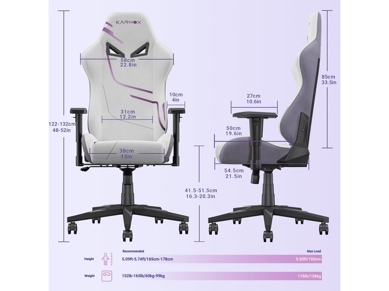  Chaise de bureau ergonomique dossier inclinable 155 degrés 54.5x50x132cm tissu et métal fauteuil gaming blanc et violet  - Conforama C