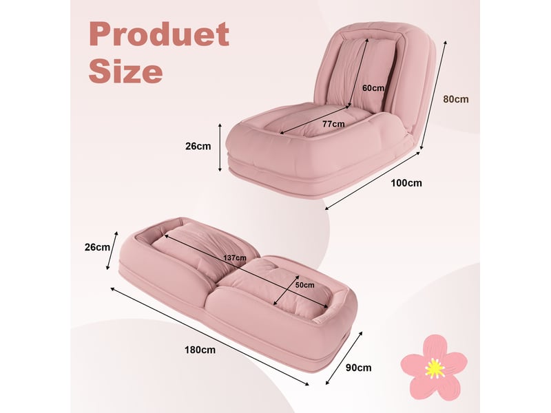  Canapé-lit pliable 180x90 cm réglable 5 positions avec 2 coussins en métal rose sans matelas  - Conforama E