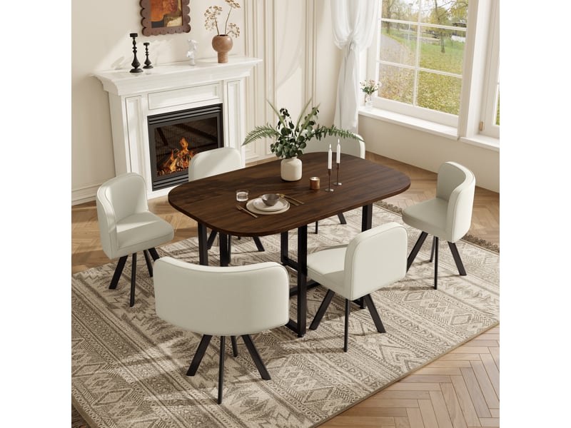  Ensemble table,140x90 cm,avec 6 chaises,lin,beige et coloris noyer  - Conforama B