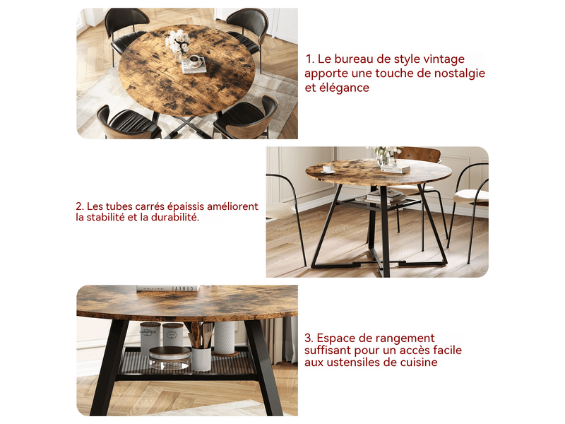 Table à manger ronde pour 6 personnes, table de cuisine style industriel avec plateau aspect bois et pied en métal, 120 x 75 cm - Conforama E