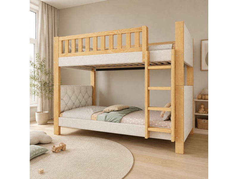  Lit superposé enfant 90×200 cm avec barrière, escalier 4 marches et bords antichoc  - sans matelas, bois gris  - Conforama B