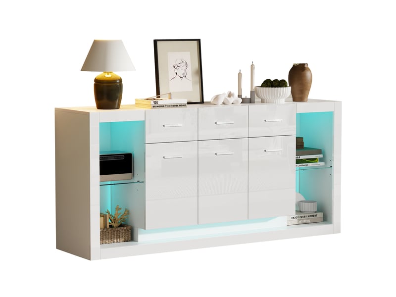  Meuble tv 160 x 40 x 75 cm blanc avec éclairage led, 3 tiroirs, 3 portes et 14 compartiments  - Conforama A