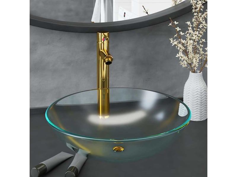 Lavabo de bain, vasque à poser avec robinet et drain à poussoir verre trempé cf65646 - Conforama B