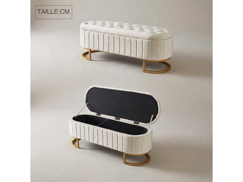  Banc de rangement beige 120 cm en velours avec coffre, bout de lit et pieds en métal  - Conforama C