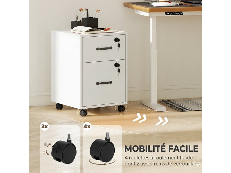  Caisson bureau mobile à 2 tiroirs, blanc, meuble rangement bureau sur roulettes pour documents suspendus format lettre  - Conforama R