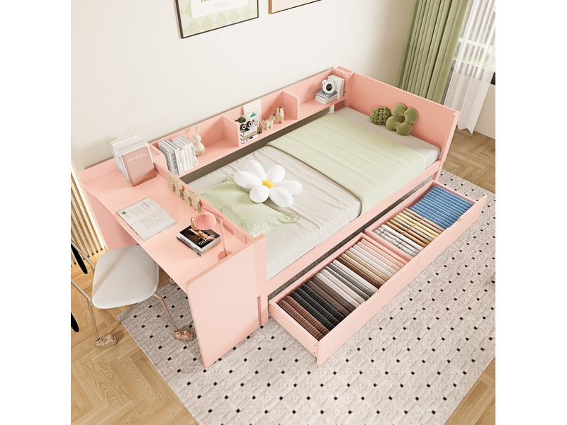  Lit enfant 90x200 cm avec bureau, étagères et 2 tiroirs rose  - Conforama E