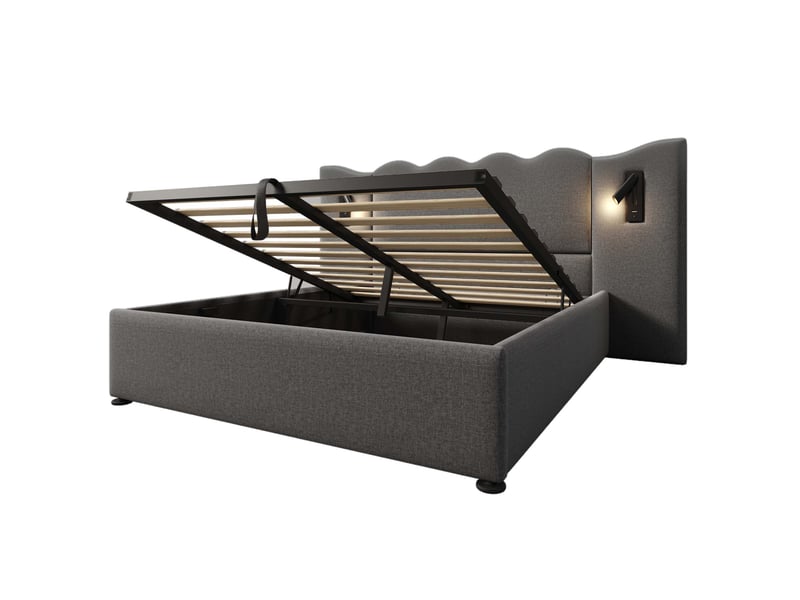  Lit coffre,160x200 cm,avec lampe de lecture et usb type-c,lin,gris  - Conforama D