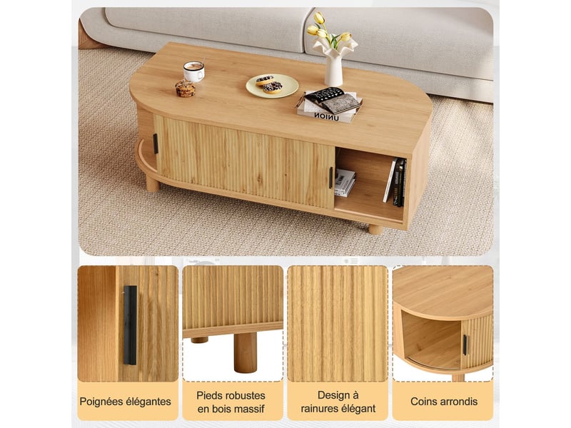 Table basse avec rangement 100 x 50 x 35 cm teinte bois clair deux portes coulissantes pieds en bois structure en mdf charge maximale de 30 kg - Conforama D