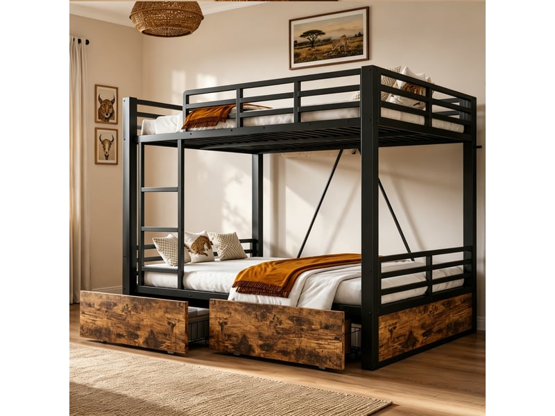  Lit superposé 4 places 140×200 cm, tiroirs et échelle - okmyhome- noir, sans matelas, métal et bois  - Conforama C