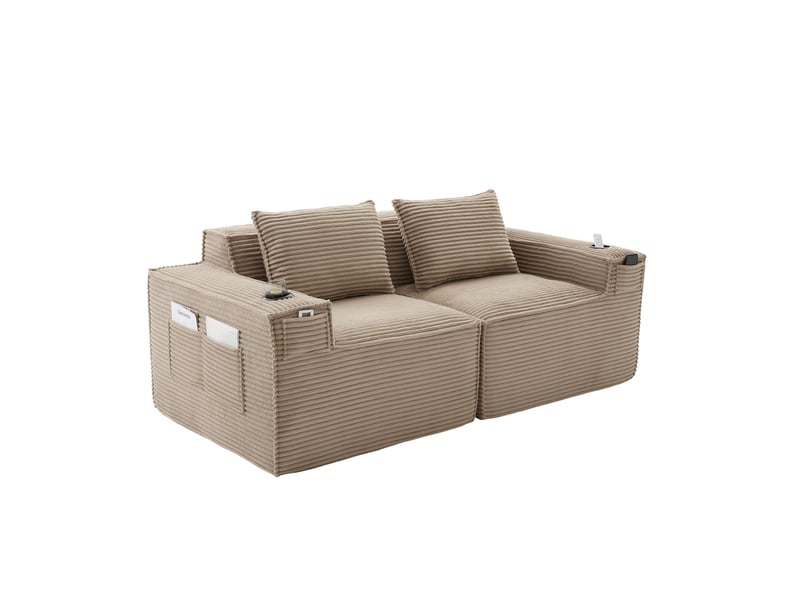  Canapé modulable 188x90x75 cm, assise stable, porte-gobelets et poches latérales, tissu côtelé kaki  - Conforama A