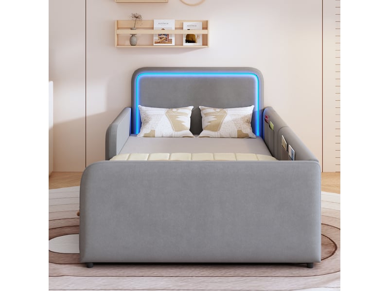  Lit simple 90x200 cm, lit ado rembourré avec tête de lit led, contrôle par application, poches latérales, sans matelas - gris  - Conforama E