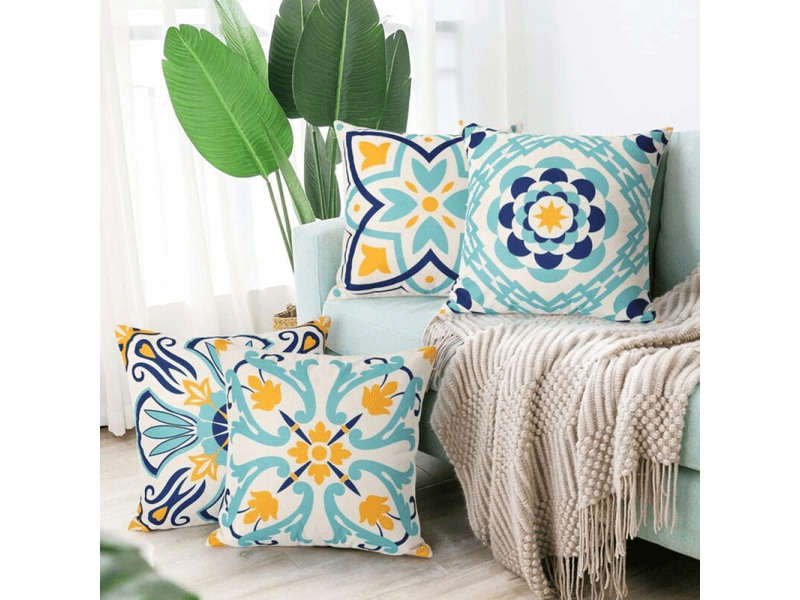  Lot de 4 housse de coussin - 45 x 45 cm lot de 4 taie d'oreiller extérieure imperméable imprimées florales housses de coussin boho farmhouse taie coussin canapé decoration pour terra, bleu  - Conforama B