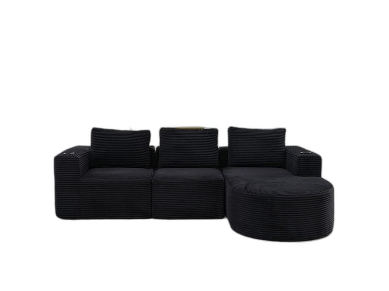 Canapé double 2 places 265 cm en velours côtelé noir avec 3 coussins et porte-gobelets BES-SD-B063BK - Conforama A