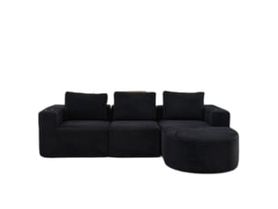 Canapé double 2 places 265 cm en velours côtelé noir avec 3 coussins et porte-gobelets