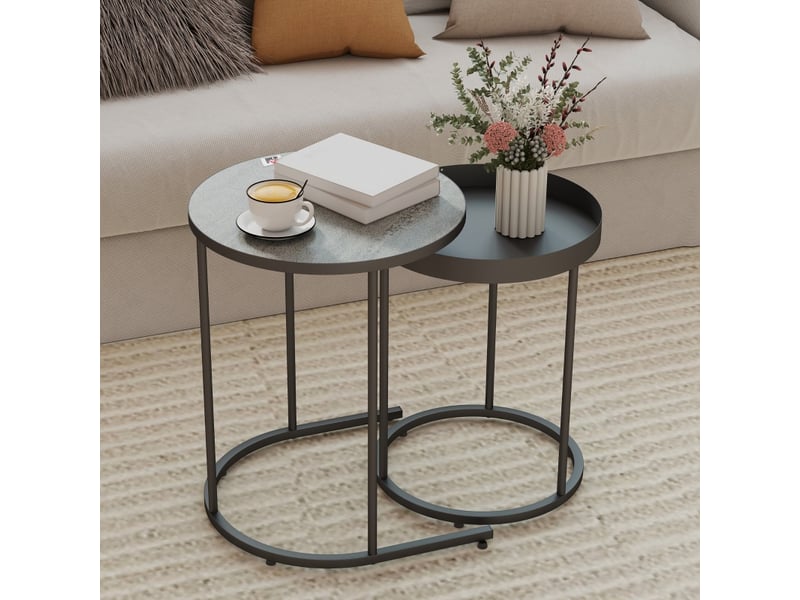  Tables basses gigognes rondes avec plateau rebordé pour salon en mdf et métal ø42×54 cm gris  - Conforama B