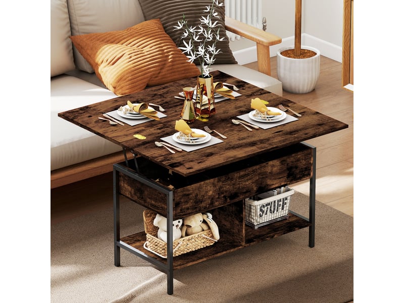  Table basse relevable et extensible, table de salon avec compartiment caché étagères ouvertes, brun rustique, 98x49x55cm  - Conforama A