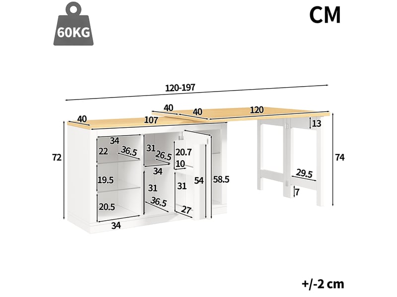 Îlot de cuisine extensible 120-197 cm avec led rgb réglable par application, portes magnétiques, blanc et noir - Conforama C
