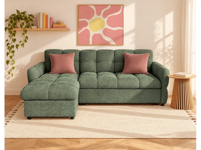 Octave - canapé d'angle réversible 4 places convertible avec coffre en velours texturé - best mobilier - vert sauge OCTAVE - Conforama B
