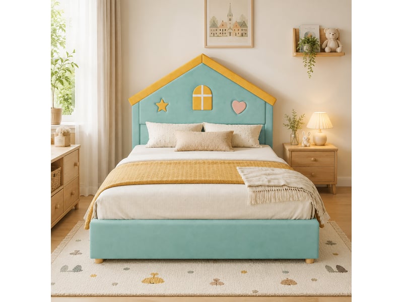  Lit enfant 140 × 200 cm 1 place avec 4 tiroirs et tête de lit maison, sans matelas, en velours bleu canard  - Conforama B