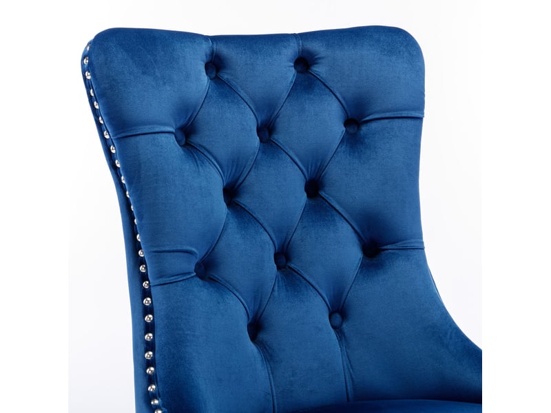  Lot de 2 chaises de salle à manger 62x50x95 cm, dossier haut capitonné, velours et bois, bleu et chromé  - Conforama E