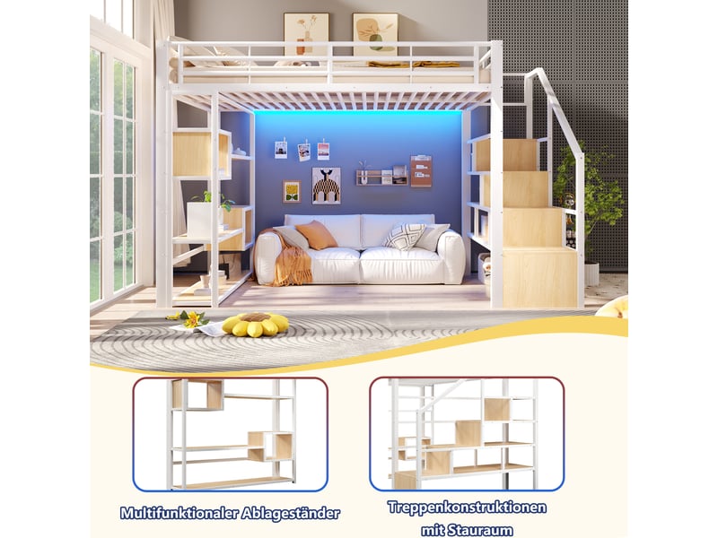  Lit mezzanine 140 x 200 cm, blanc, sans matelas, structure métal, rangement et led, échelle et garde-corps  - Conforama E