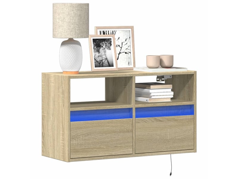 Meuble tv - banc tv - meuble de rangement mural avec lumières led chêne sonoma 80x31x45 cm - Conforama B