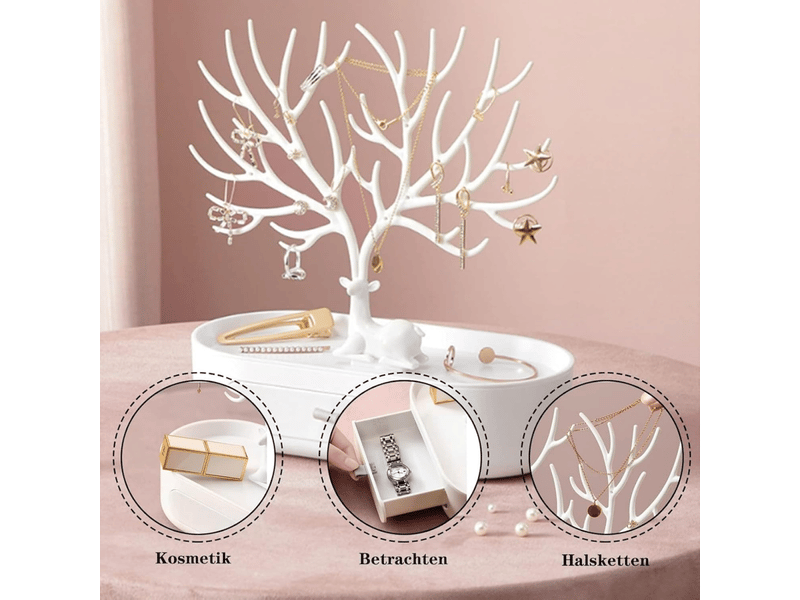  Présentoir à bijoux, blanc arbre à bijoux 3 in1 porte bijoux avec tiroir jewelry stand rangement, présentoir pour bijoux en bois de cerf  - Conforama C