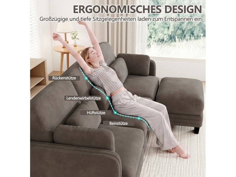  Canapé d’angle modulable 4 places 330x143x88 cm avec pouf, coussins inclus, design ergonomique, chenille marron  - Conforama D