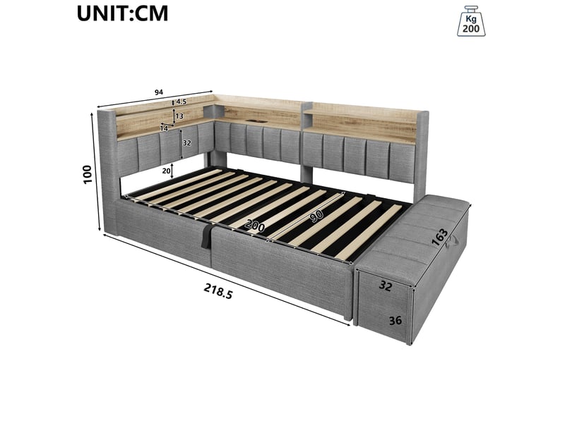Lit banquette coffre 90 x 200 cm, rangement hydraulique, module latéral réversible, prise, port usb et led, sans matelas, tissu lin gris evarich - Conforama C