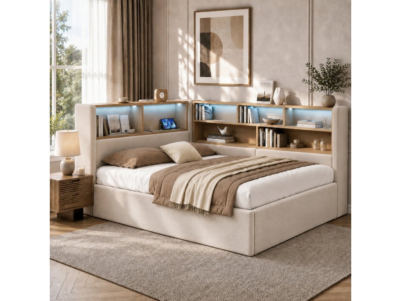  Lit banquette coffre 140x190 cm en velours beige avec led, usb et usb-c  - Conforama D