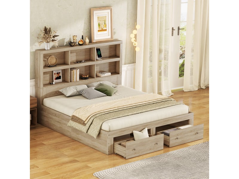  Lit double 160*200cm en panneau de particules, deux tiroirs au pied, tête de lit avec rangement, naturel  - Conforama D