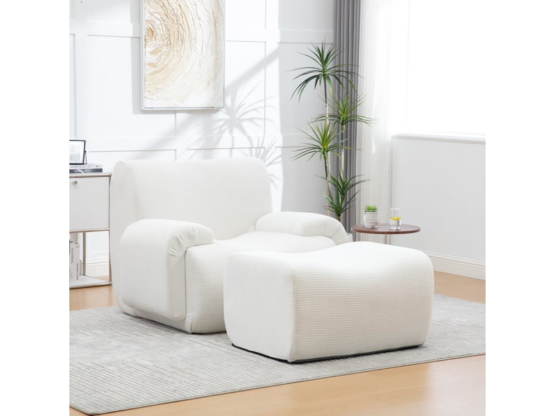  Fauteuil en avec pouf repose-pieds 113x94x78.5cm – rembourrage en mousse haute résilience 30d emballé sous vide – sans montage – chenille - blanc  - Conforama B