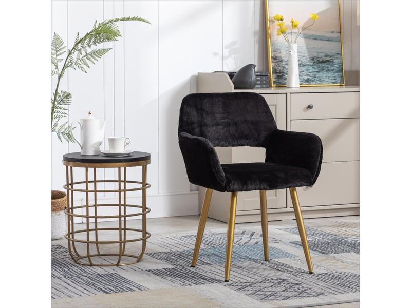 Fauteuil de table en fausse fourrure - 59x46x79 cm - fauteuil rembourré pieds métal effet bois - noir  - Conforama B
