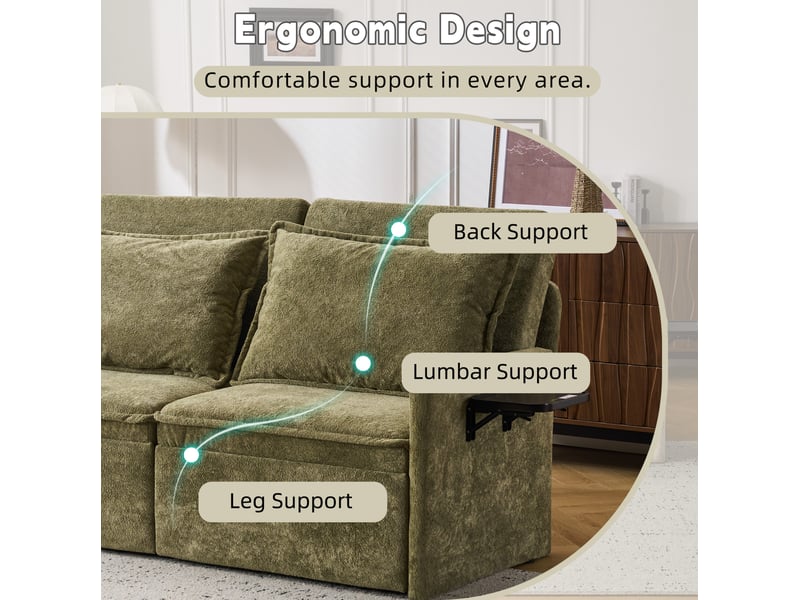  Canapé lit convertible 3 en 1 avec fonction sommeil canapé lit avec coussins et usb, 3-en-1 canapé &amp; couch avec dossier ajustable 5 niveaux, canapé lit pliable avec rangement, chenille, vert  - Conforama D