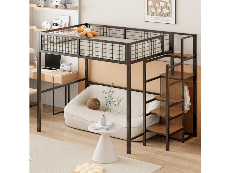  Lit mezzanine 140 x 200 cm en métal avec échelle, rangements et armoire noir  - Conforama B
