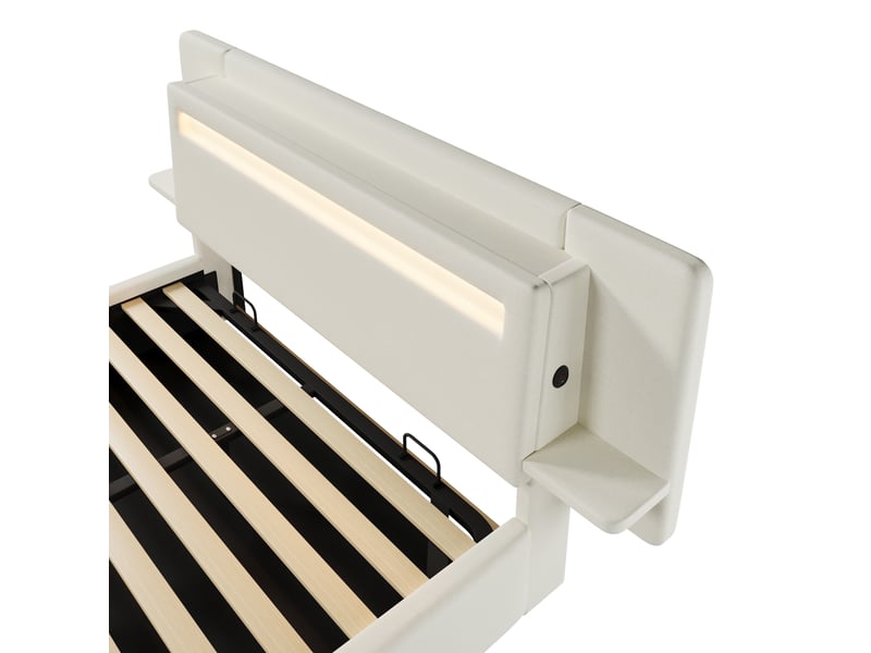  Lit coffre rembourré 140 x 200 cm, lit double avec rangement hydraulique, chevet intégré, port usb et éclairage led multicolore,beige evarich - Conforama D