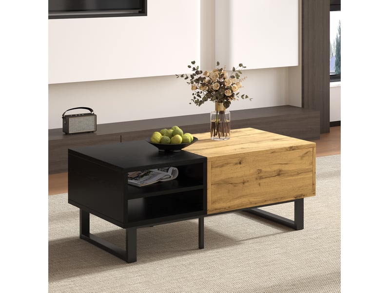  Table basse salon rangement 100 x 50 x 40 cm avec 1 tiroir, panneau de particules bois naturel et noir  - Conforama D
