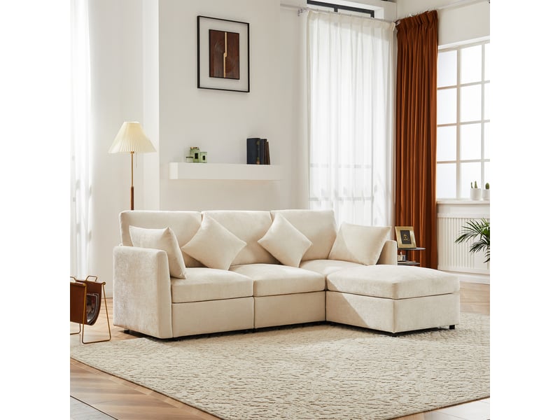  Canapé d'angle, canapé convertible, 3 places, en chenille, beige, avec pouf, pour salon, bureau, appartement  - Conforama D