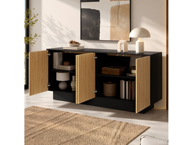  Buffet bas 4 portes 160x40x75 cm à façades structurées, finition naturelle  - Conforama C