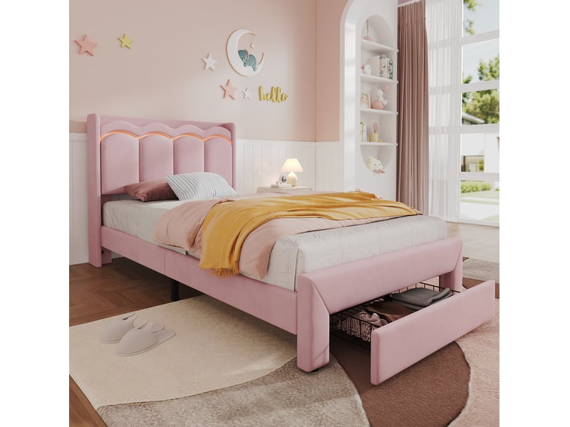  Lit enfant 90 × 200 cm avec tiroir, tête de lit ondulée, tablette et éclairage à led piloté par application  - Conforama D