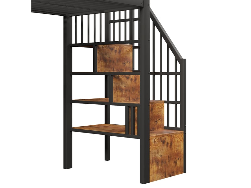 Lit mezzanine enfant 90x200 cm noir métal et mdf, escalier intégré, rangements et led multicolore - Conforama E