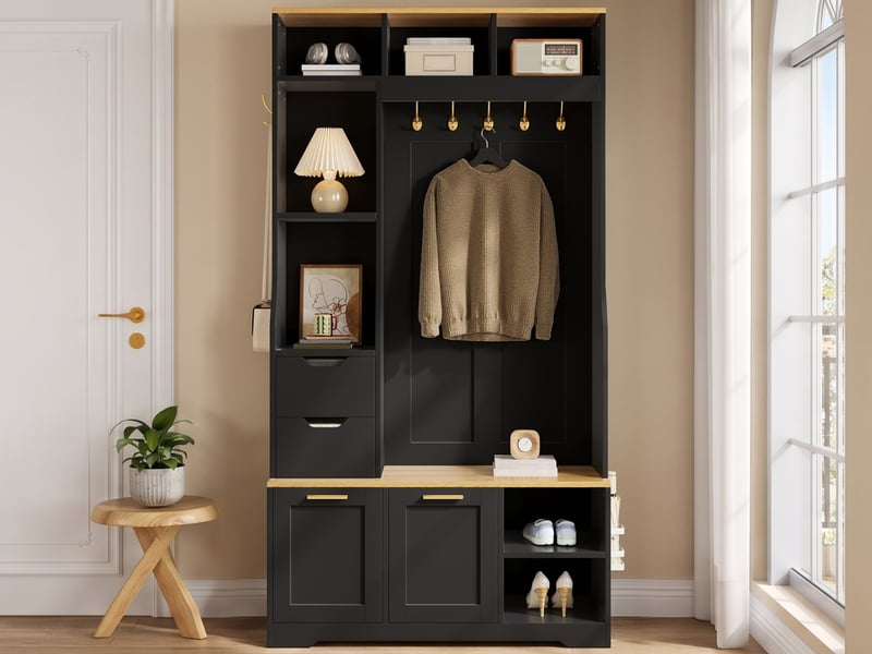  Vestiaire entrée avec meuble chaussures basculant, banc, patères métal et éclairage led piloté par appli, 103x32x186cm, noir  - Conforama B