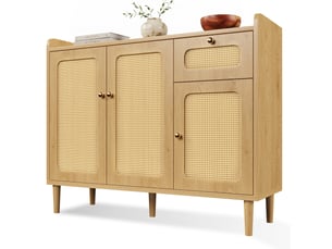 Buffet 120x40x91 cm avec cannage rotin, commode chêne 3 portes et 1 tiroir, vaisselier charnières frein, meuble salon cuisine couloir