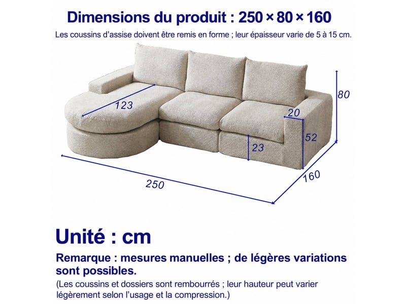  Canapé d’angle, en chenille, éléments courbes et chaise longue, compressé sans cadre, mousse, 80x250x160 cm, beige  - Conforama C