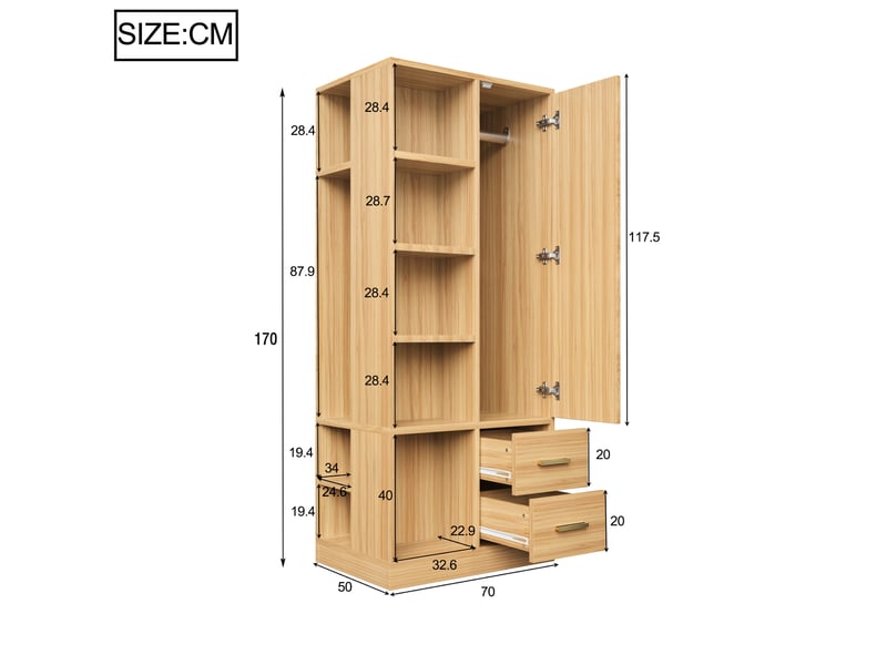  Armoire,70x50x170 cm,1 porte avec 2 tringles et 2 tiroirs,mdf,coloris bois naturel  - Conforama C