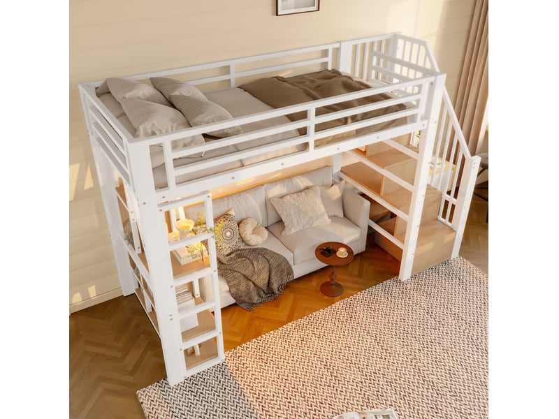  Lit mezzanine enfant 90 x 200 cm marches-rangements sécurité barrière led multicolore métal+mdf blanc sans matelas  - Conforama B