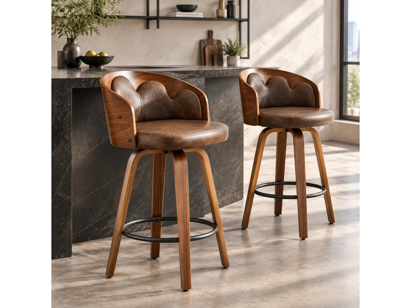  Lot de 2 tabourets de bar, tabouret de bar dossier fleur, bois courbé, assise pu, moderne, repose-pieds métal, marron  - Conforama B