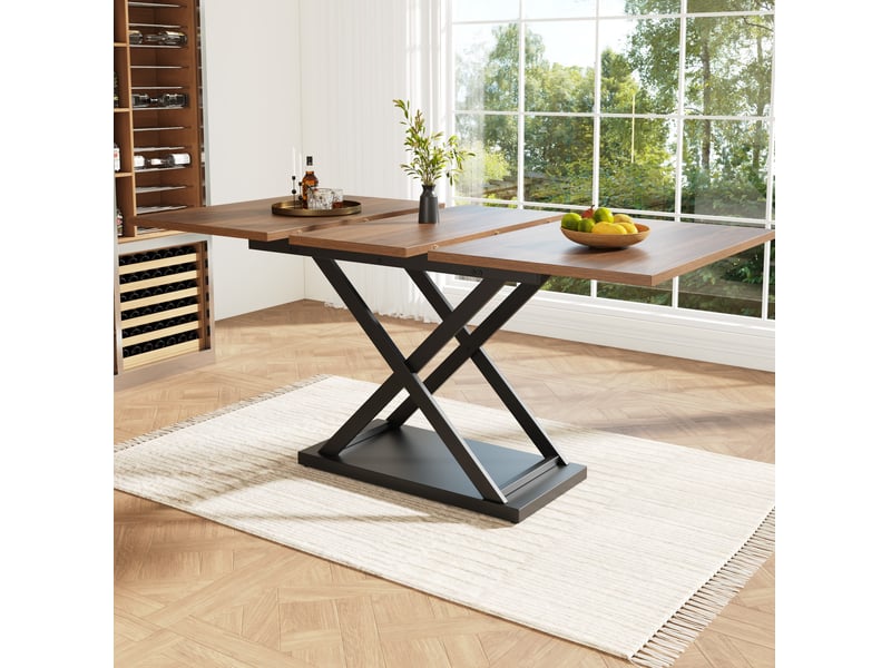  Table à manger extensible 120-160x80x75cm, style croisé, panneau aggloméré et structure métallique finition noyer noir, meuble moderne pour cuisine et salon  - Conforama B